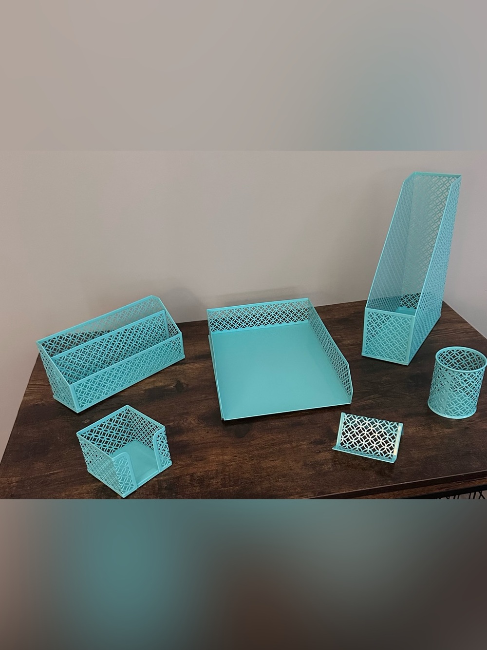 5-Piece Metal Desk Organizer Set Aqua Blue File Holder Tray Pen Cup